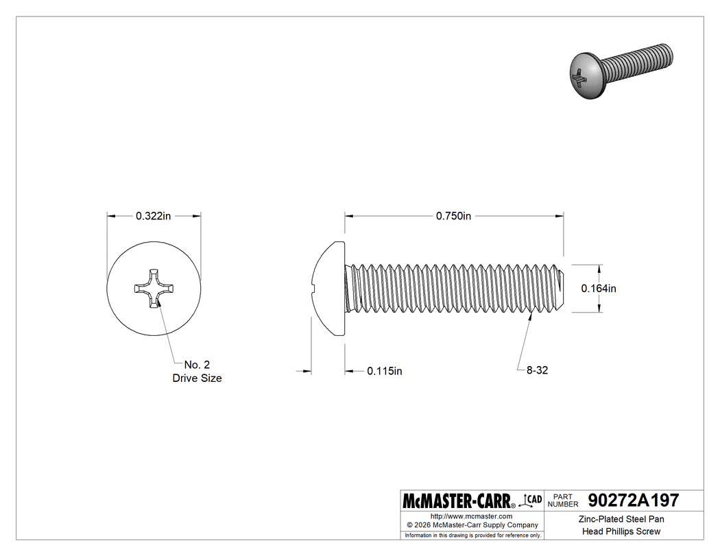 Technical Drawing of Zinc-Plated Steel Pan Head Phillips Screw, 8-32 Thread, 3/4" Long.